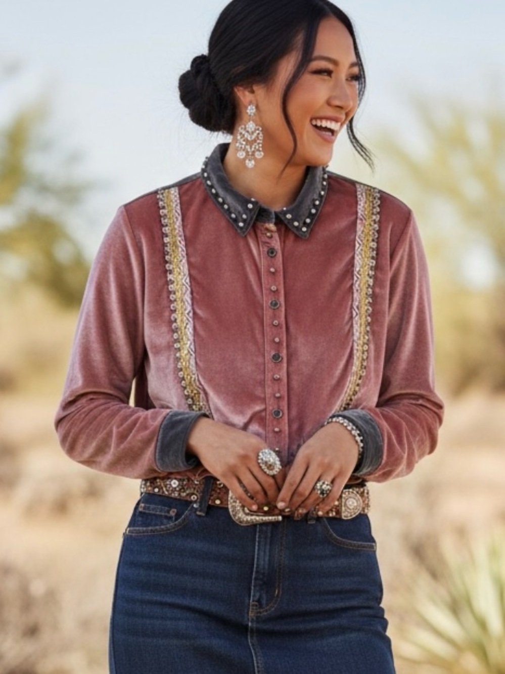 POL Western Maximalist Bling Boho Studded Dusty Rose Velour Button Down Shirt Lg